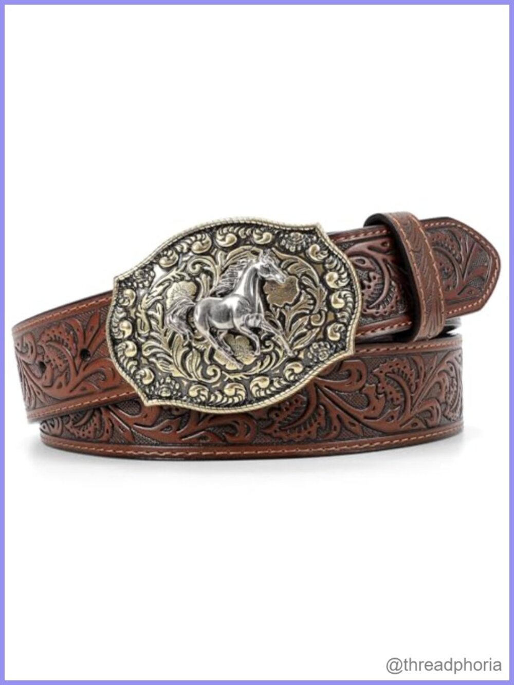 Embossed Leather Western Belt with Horse Buckle